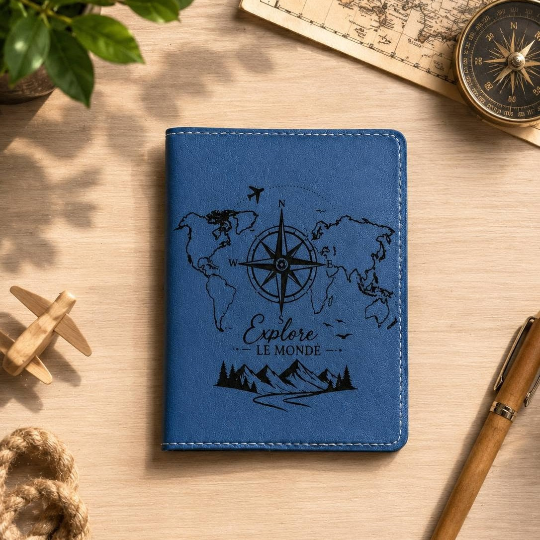 Passeport personnalisé avec protection en cuir par L'Atelier de Lolo, design élégant et pratique pour voyager.